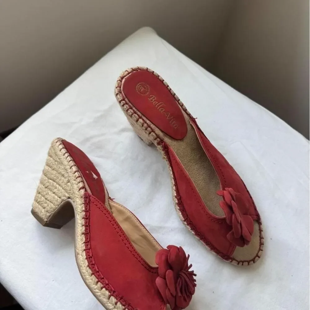 Bella Vita Red Leather Floral Espadrille Block Heel Mules Y2K Vintage Cottage 8